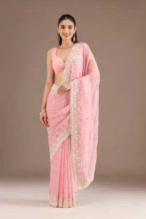 Baby Pink Sequins Chiffon Saree
