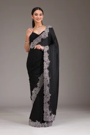 Black Swarovski Satin Saree