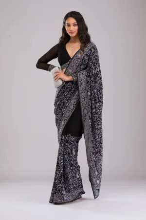 Black Threadwork Georgette Saree
