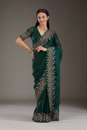 Bottle Green Threadwork Tissue Saree