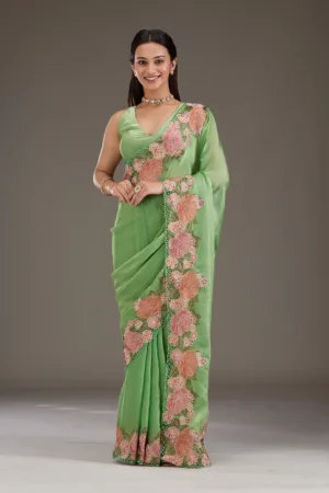 Green Threadwork Tissue Saree