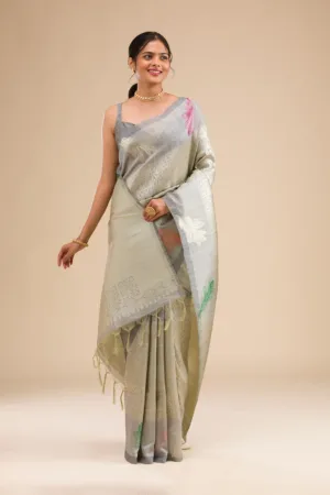 Grey Zariwork Soft Silk Saree
