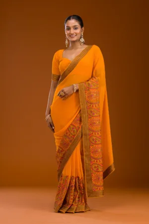 Mustard Threadwork Georgette Saree