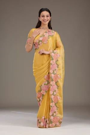 Mustard Threadwork Tissue Saree