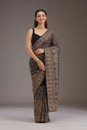 Navy Blue Zariwork Georgette Saree