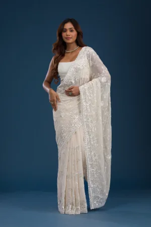 Off White Sequins Georgette Saree
