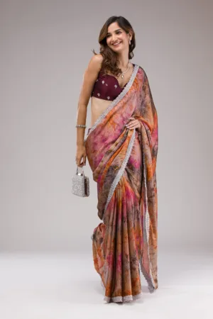 Orange Printed Semi Crepe Saree
