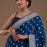 Peacock Blue Zariwork Raw Silk Saree