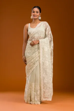 Pista Green Threadwork Chiffon Saree