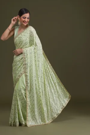 Pista Green Threadwork Semi Crepe Designer Saree