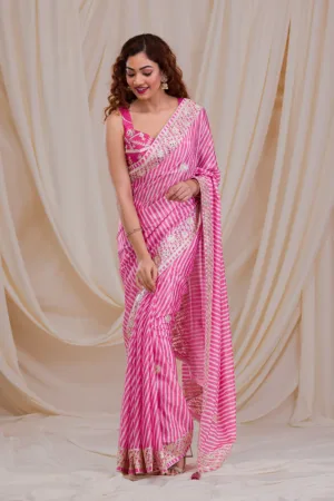 Rani Pink Printed Semi Crepe Saree