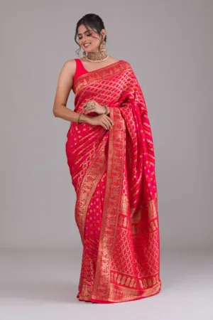Red Swarovski Raw Silk Saree