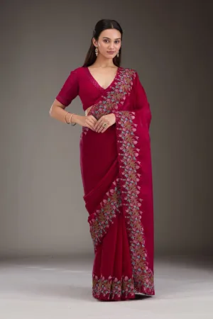 Red Threadwork Tissue Saree