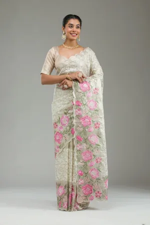 Rani Pink Printed Tissue Saree