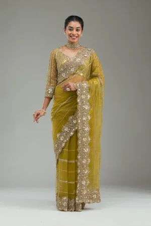 Mehendi Zariwork Tissue Saree