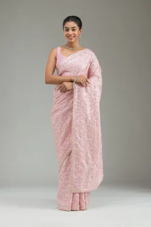 Baby Pink Threadwork Tissue Saree