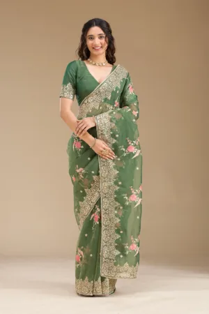 Bottle Green Sequins Tissue Saree