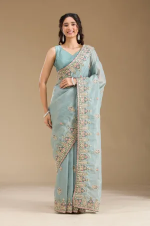 Grey Pearlwork Tissue Saree