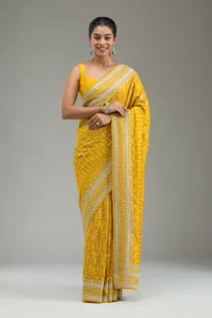 Mustard Threadwork Silk Saree