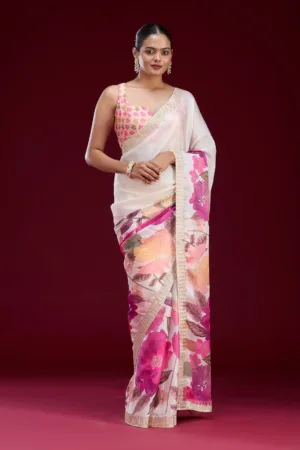 Cream Cutdana Chiffon Saree
