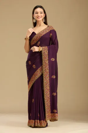 Purple Kashmiri Soft Raw Silk Saree