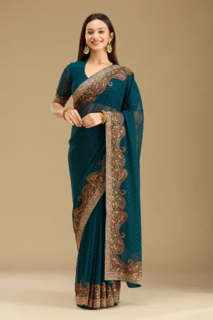 Peacock Blue Kashmiri Georgette Saree