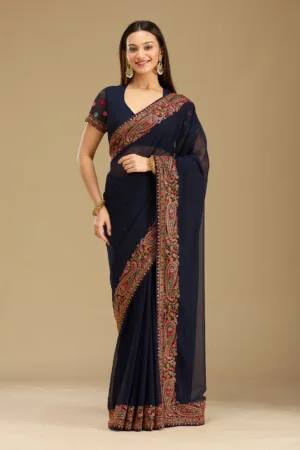 Navy Blue Kashmiri Georgette Saree