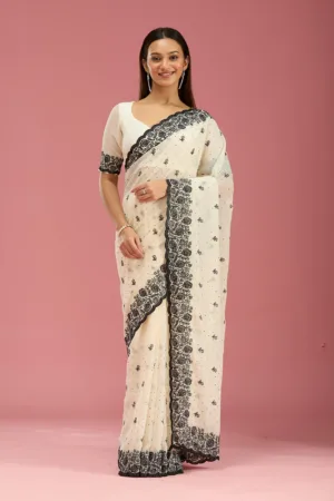 Cream Threadwork Georgette Saree