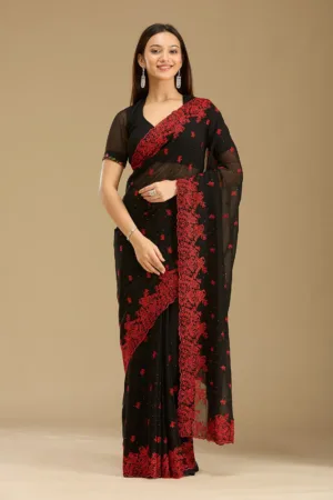 Black Threadwork Georgette Saree