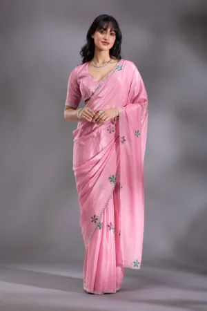 Pink Silver Stonework Satin Saree