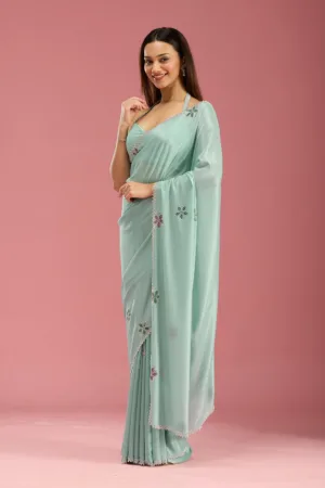 Sea Green Stonework (Silver) Satin Saree