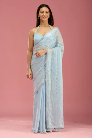 Sky Blue Zariwork (Gold) Chiffon Saree