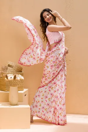 Baby Pink Floral Printed Crepe Designer Saree