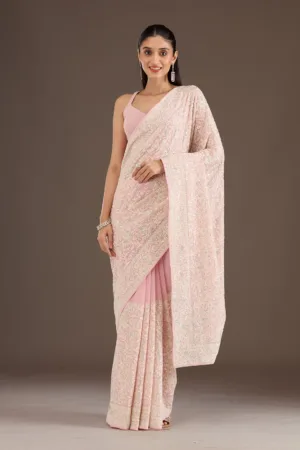 Baby Pink Threadwork Georgette Saree