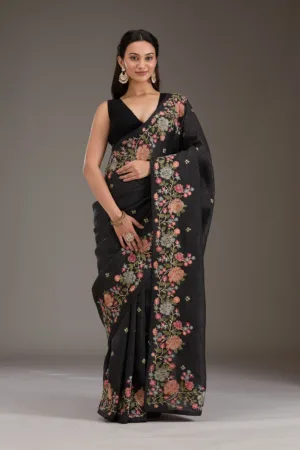 Black Threadwork Tissue Saree