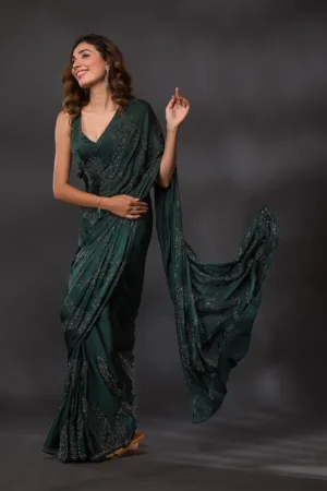 Bottle Green Swarovski Semi Crepe Designer Saree