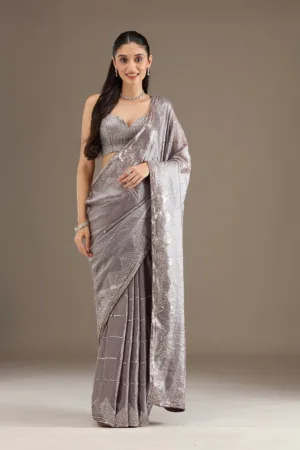 Brown Sequins Tissue Saree