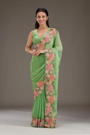 Green Threadwork Tissue Saree
