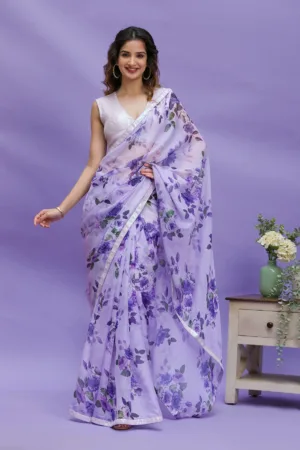 Lavender Floral Printed Organza Designer Saree