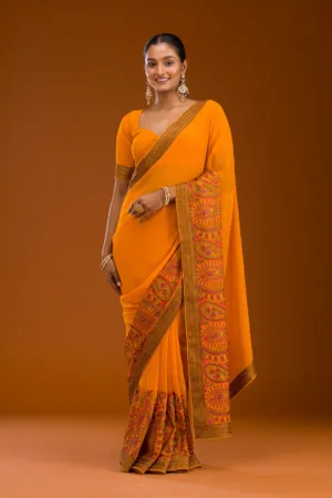 Mustard Threadwork Georgette Saree