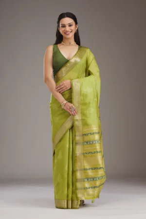 Parrot Green Zariwork Tissue Saree