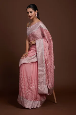 Pink Zariwork Semi Crepe Designer Saree