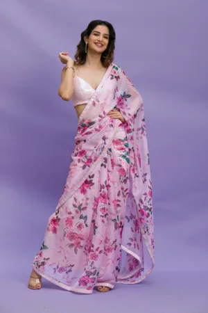 Pink Floral Printed Organza Designer Saree