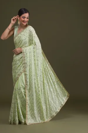 Pista Green Threadwork Semi Crepe Designer Saree