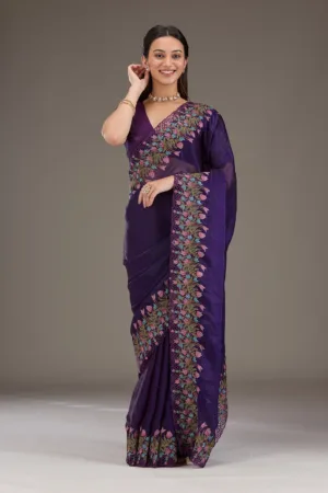 Purple Threadwork Tissue Saree