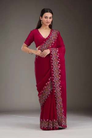 Red Threadwork Tissue Saree