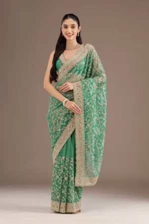 Sea Green Sequins Tissue Saree