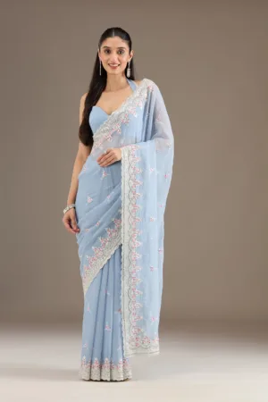 Sky Blue Sequins Chiffon Saree