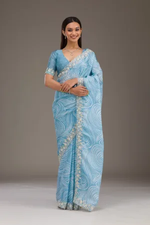 Sky Blue Zariwork Georgette Saree