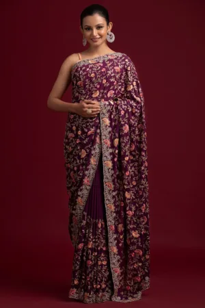 Wine Threadwork Semi Crepe Designer Saree